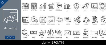Vector line icon set of digital marketing and business concepts including startup rocket, financial analytics, chat, online advertising, and money. Stock Vector