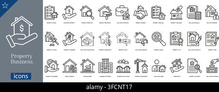 Vector line icon set of real estate and property business concepts including property search, mortgage, home sales, rental, and house investment. Stock Vector