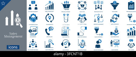 Vector sales management icon set with business funnel, customer engagement, lead generation, analytics, revenue growth, and trade negotiation symbols. Stock Vector