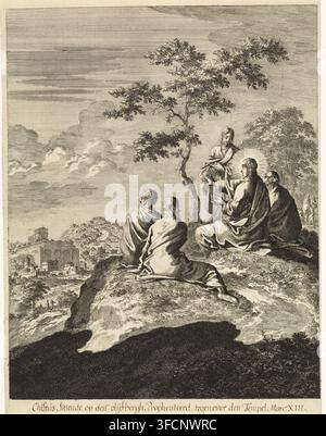 Christ speaking with Peter, James, John, and Andrew on the Mount of Olives, print, printmaker: Jan Luyken, Amsterdam, publisher: Christoph Weigel, 1708, paper, etching, height 0 mm x width 0 mm, Gethsemane, Mount of Olives, 'Oelberg' (Matthew 26:36-56, Mark 14:32-52, Luke 22:39-53, John 18:1-12)., A finely detailed black-and-white etching shows a rocky hillside with a group of people seated and standing near a slender tree with leafy branches; one seated figure has a radiating halo-like pattern around the head, and another nearby appears to gesture with hands. The figures wear draped robes and Stock Photo