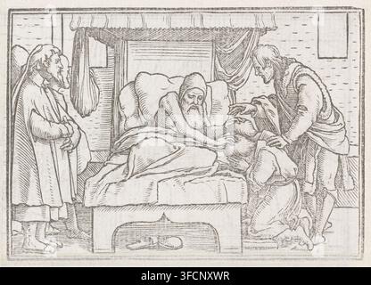 A monochrome woodcut scene shows a bed with heavy blankets and a cushioned headboard beneath a canopy with draped curtains; an elderly bearded figure reclines propped on one elbow on the bed, wearing a hooded garment and leaning forward with one arm extended; to the right a standing man in layered robes and a fur-trimmed cloak bends toward the bed with one hand pointing and the other resting on a kneeling figure’s shoulder; the kneeling figure faces the bed with head bowed and hands near the bedclothes; to the left a robed man stands with folded hands and a long beard, watching the scene; the Stock Photo