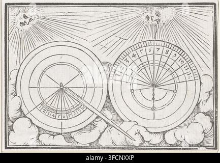 A rectangular print with a double-lined border showing a pair of large circular instruments floating among stylized clouds, the circles composed of concentric rings and radial lines, each circle containing a central pivot and spokes; a slanted rod connects into the left circle and extends toward the lower area, crossing over cloud shapes; two stylized human-like faces with radiating lines appear near the top corners, each surrounded by rays extending outward; the composition is rendered in fine dark lines on a light background with slight paper texture. Stock Photo
