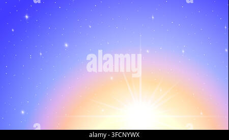 Pastel blue sky background with rising sunburst arc glow and scattered star sparkles Stock Vector