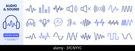 Sound wave line icons set. Audio, voice assistant, heart pulse, music radio, microphone recording, noise flat minimal vector illustration. Simple Stock Vector
