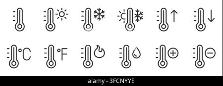 Temperature line icon set. Thermometer, hot, cold, Celsius, Fahrenheit, rising, falling and seasonal climate linear minimal vector illustration Stock Vector