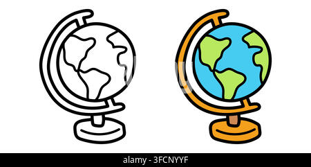 Globe line and color icon. World geography model vector illustration. Cute outline and colored earth symbol isolated on white background for coloring Stock Vector