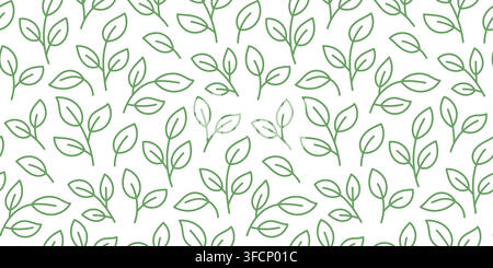 Green leaf seamless pattern with simple botanical branches. Minimal line art vector background with foliage outline. Natural repeat texture for Stock Vector