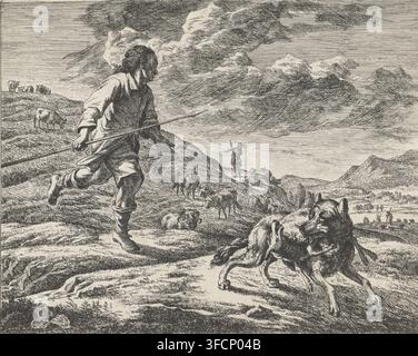 Shepherd pursuing a wolf, print, A shepherd pursues with a spear a wolf that has killed a lamb and is holding it in its mouth. In the background a flock of sheep., printmaker: Johan le Ducq, 1639 - 1677, paper, etching, height 187 mm x width 231 mm, herding, herdsman, herdswoman, shepherd, shepherdess, cowherd, sheep, beasts of prey, predatory animals: wolf., A monochrome etching shows a shepherd in mid-stride on a rocky hillside holding a long staff, his clothing rendered with fine crosshatching and his hair pulled back; nearby a group of sheep graze and rest on the uneven ground while a few Stock Photo