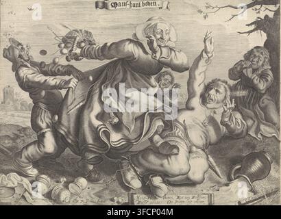 A woman trampling her husband, Man's hand above, print, In a landscape near a city, a woman tramples her husband with one large step, while another man pulls at her skirt and gets an egg from her basket in his face. By the tree on the right sits a person with folded hands, and behind the trampling stands a woman holding her hands beside her head. In the image, a cartouche with a two-line Dutch text., printmaker: Cornelis van Kittensteyn, after design by Adriaen Pietersz van de Venne, 1610 - 1663, Cornelis van Kittensteyn, Adriaen Pietersz van de Venne, printmaker, after design by, paper, Stock Photo