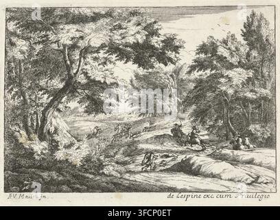 Landscape with hunting scene, Landscapes, print, Series number, 2, Landscape with bushes on either side. In the center, horsemen with hunting dogs are hunting a deer., printmaker, after print by, after design by, publisher, grantor of privilege, Adam Frans van der Meulen, Jan van Huchtenburg, paper, etching, engraving, etching and engraving, height 121 mm x width 172 mm, roe-hunting., A detailed black and white etching of a wooded landscape with large, leafy trees dominating the foreground and framing a recessed clearing; winding paths and gentle slopes lead the eye into the middle distance Stock Photo
