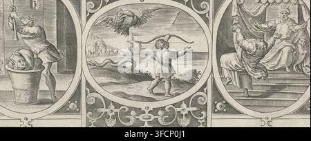 Proverbs of Solomon, below, Gnomae seu illustres sententiae ex proverbus Salomonis vitae utiles, print, Ornamental frame with medallions in which from left to right: A fool is being ground to dust in a mortar. From Prov. 27:22: 'Even if you put a fool in a mortar and grind him among the grains of wheat, you will not grind his foolishness out of him.', Landscape with a snake, eagle, Cupid and a ship. From Prov. 30:18-19: 'Three things are too wonderful for me, four things I cannot comprehend: the flight of an eagle high in the sky, the gliding of a snake over the rocks, the sailing of a ship on Stock Photo