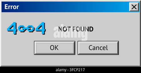 Retro computer error message popup with 404 not found glitch text and pixel icon Stock Vector