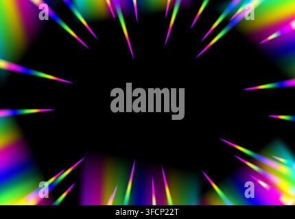 Neon rainbow radial burst lines radiating outward from a dark empty center point Stock Vector