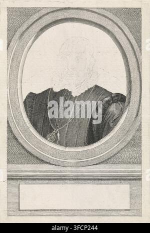 Portrait of Jacob Muys van Holy, print, alderman and councilor of the city of Dordrecht, in an oval. The head is outlined only. The portrait rests on a plinth with a blank field for his name., printmaker: Jacob Houbraken, Amsterdam, printmaker: Pieter Willem van Megen, The Hague, 1765 - 1780, paper, engraving, proof print, height 181 mm x width 121 mm., An oval-framed engraved portrait of an older man shown from the chest up, wearing a dark, textured garment with a high ruffled collar and puffed shoulders, a pendant on a thin chain hanging around his neck, and faintly sketched facial features Stock Photo