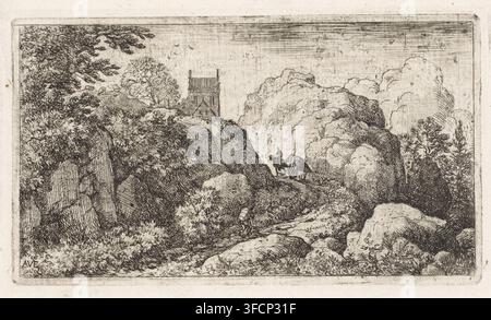 Mountain landscape with horse and wagon, Horse and wagon in a narrow passage, print, Mountain path with a person with a basket on their back and a horse and wagon. A house on top of the mountain., printmaker: Allaert van Everdingen, Netherlands, 1631 - 1675, paper, etching, height 86 mm x width 149 mm, (farm) wagon, freight wagon, cart., A monochrome etched landscape showing a winding dirt path cutting through rocky, vegetated terrain with a few trees and dense shrubbery on the left and right, a small rustic building with a steep roof partially visible near the top of a rise, and a figure lead Stock Photo