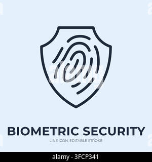 Biometric security line icon. Fingerprint protection linear vector illustration. Thin sign of shield with scan pattern for authentication, identity Stock Vector
