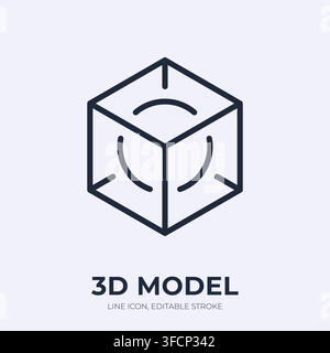 3D model line icon. Digital prototype linear vector illustration. Thin sign of geometric sphere inside cube for product design, spatial visualization Stock Vector