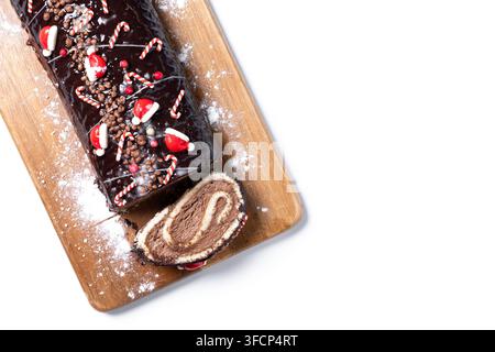 Christmas chocolate yule log cake isolated on white background Stock Photo