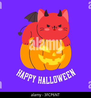 Angry devil cat growling on a Halloween pumpkin Vector Illustration Stock Vector