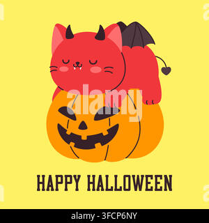 Cute sleeping devil cat on a Halloween pumpkin Vector Illustration Stock Vector