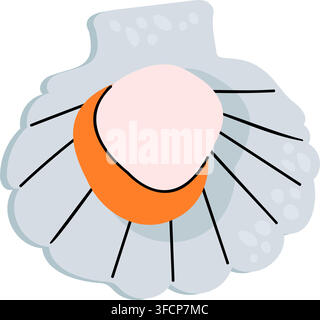 Cute flat illustration of an open grey scallop shell with orange clam meat isolated on white background for seafood restaurant menu design Stock Vector