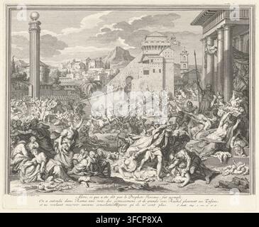 The Massacre of the Innocents at Bethlehem, print, View of the city of Bethlehem where a great slaughter is taking place near Herod's palace. Soldiers tear children from the arms of desperate mothers to kill them with swords. Countless dead children lie scattered on the ground. In the margin, a three-line Bible quote from Matt. 2: 17-18 in French., printmaker: Bernard Picart, Amsterdam, after drawing by Bernard Picart, 1715, Bernard Picart, printmaker, after drawing by, paper, etching, engraving, etching and engraving, height 221 mm x width 271 mm, the massacre of the innocents., A large, deta Stock Photo