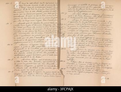 Photo reproduction of the second page of the collaboration contract between Louis Daguerre and Nicéphore Niépce, reproduction, page, photomechanical print, maker: L. Landa, Châlon-sur-Saône, after sculpture by anonymous, 1867, after sculpture by, paper, photolithography, height 320 mm x width 248 mm, handwriting, written text., A photograph of an aged, two-page handwritten document lying open with a central crease and a narrow shadow along the fold, showing densely written cursive lines across both pages in dark ink on yellowed paper, with uneven margins and faint smudges; the paper displays Stock Photo