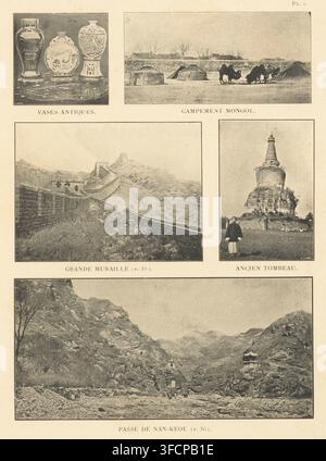Three antique vases, Barley in a landscape, View of the Great Wall, View of a tomb and View of the Nan Keou, page, photomechanical print, maker: anonymous, c. 1892 - in or before 1897, paper, autotype, height 162 mm x width 222 mm, landscapes, landscape with ruins, mountains, Peking, Great Wall of China., A vertical page with a series of framed black-and-white photographs arranged in a grid, showing at the top left an image of three ornate vases on a flat surface, at the top right a flat open area with low tents and a group of camels and people silhouetted against a distant wall, below left a Stock Photo