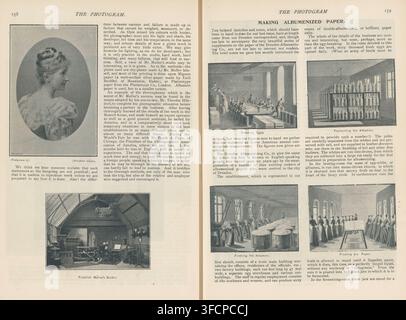 Portrait of an unknown woman, page, photomechanical print, photographer: Friedrich Müller, cliché maker: E. Charaire, c. 1889 - in or before 1894, paper, autotypie, height 97 mm x width 65 mm, historical persons - BB - woman., A two-page spread from an old printed magazine showing black and white photographs and blocks of printed columns on off-white paper. On the left page a portrait photograph of a woman in an oval frame is positioned near the top, showing her in profile with an updo hairstyle and a lacy garment, and below it a rectangular interior photograph of a room filled with furniture Stock Photo