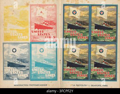 Eight photo reproductions in various color states of a print, depicting a United States Lines boat, Reproduction Photomecanique, reproduction, page, photomechanical print, Prints spread over two pages., maker: La Photolith L. Delaporte, after print by anonymous, c. 1922 - in or before 1932, after print by, paper, offset-printed, height 152 mm x width 195 mm, ships (in general), printed matter., A grid of vintage poster-like images arranged in two columns separated by a vertical seam, each panel showing a large ocean liner with smokestacks cutting through choppy greenish water beneath a cloudy Stock Photo