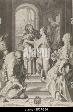 Visitation, print, Mary and Elizabeth greet each other on the steps of a house. In the foreground Joseph by the donkey and a maid with a basket with two doves. At the bottom center a cardinal's coat of arms., date: '1588', signature: 'Fe: Bar: Vr: in:', caption: 'Obstupeo ut patrio...geris ipsa sinu. by I. Roscij Hortini', signature: 'Gijs Veen fe', address: 'Staiti belga for. Romae', printmaker: Gijsbert van Veen, Rome, after painting by Federico Barocci, dedicated to: Scipione Gonzaga, 1588, Gijsbert van Veen, Federico Barocci, Scipione Gonzaga, printmaker, after painting by, paper, engravin Stock Photo