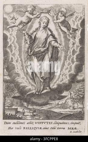 Crowned Mary in the mandorla, print, book illustration, In the clouds Mary in the mandorla. Two angels hold a crown above her head., printmaker: Raphaël Sadeler (I), Munich, printer (person): Anna Bergia, 1617, printer (person), Bavaria, paper, engraving, height 84 mm x width 54 mm., A monochrome engraving shows a robed female figure standing on a cushionlike cloud surrounded by radiating light and billowing clouds, with her head slightly bowed and eyes closed and her long hair falling over her shoulders; two winged cherubic figures hover near her head, holding a crown above it, while the Stock Photo