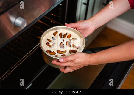 Woman putting a homemade fruit cake into the oven Stock Photo