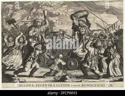 Shrove Tuesday Triumph, over the hostile forced fasting, The battle between Carnival and Lent in the context of the War of Spanish Succession, 1707, Bellona, Blessing-Parade for the Allies, Royal Almanac of 1707, 't Lusthof van Momus, cartoon, print, Caricature depicting the battle between Carnival and Lent placed in the context of the War of Spanish Succession, 1707. Battle between two persons on chariots drawn by children. On the left, Carnival, adorned with kitchen utensils, game and poultry, drinking glasses and jugs. On the right, Lent, adorned with fish and pretzels. Accompanying the ima Stock Photo