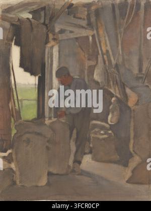 The miller, filling sacks, drawing, watercolor, draftsman (artist): Willem Witsen, 1870 - 1923, draftsman (artist), paper, paint (coating), pasteboard, inorganic material, chalk, brush, black chalk, brush in colors in watercolor, height 695 mm x width 530 mm, miller., A dim interior scene of a worn structure with wooden beams and rough walls, showing a man bent over as he handles a sack or bundle; he wears a muted shirt and trousers and has short dark hair. Around him are several large sacks or bundles stacked on the floor and leaning against surfaces. A torn fabric hangs from a beam near an Stock Photo