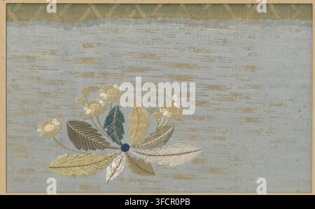 Textile fragment, fragment, textile materials, embroidery of flowers and leaves on a blue silk background., Japan, 1673 - 1681, School, Style, Asian art school, Enpō, silk, height 18.3 cm x width 29.5 cm., A pale blue background with irregular horizontal gold streaks fills the image, framed by a narrow beige border and a textured green band with a faint diagonal pattern at the top; near the lower center a stylized floral arrangement is embroidered with a small dark blue circular center, radiating long feather-like leaves in shades of olive, gold, cream, and teal, and clusters of daisy-like Stock Photo