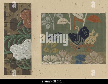 Two textile fragments, fragment, textile materials, embroidery of flowers and butterfly and kirikane., Japan, 1711 - 1716, School, Style, Asian art school, Shōtoku, silk, height 12 cm x width 15 cm x height 16.5 cm x width 6.4 cm., A close view of two rectangular fabric panels set against a textured beige background with small dark speckles, one narrow vertical panel on the left showing dark brown and gold geometric weaving with green curving embroidered leaves and a large white textured embroidered shape partially visible, and a larger horizontal panel on the right displaying a green woven Stock Photo