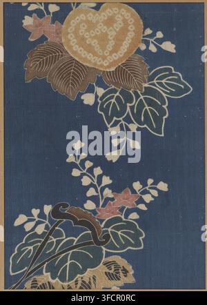 Textile fragment, fragment, textile materials, print of autumn plants on blue background., Japan, 1764 - 1771, School, Style, Asian art school, Meiwa, silk, height 29 cm x width 20.5 cm., A vertical fabric panel with a deep blue background featuring a stylized botanical design that runs down the center, including large heart-shaped leaves in teal outlined in pale lines, brown leaves with white vein patterns, clusters of small pale buds on thin stems, and star-shaped flowers in a muted reddish color; near the top a large rounded pale ochre shape decorated with a ringed dot pattern rests above Stock Photo