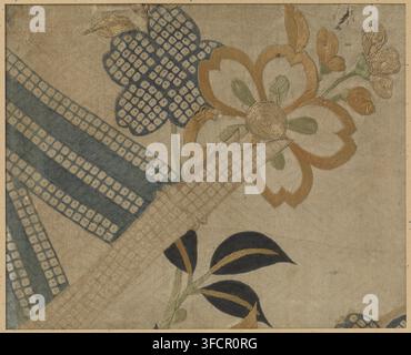 Textile fragment, fragment, textile materials, embroidery and print of flowers and leaves on damask., Japan, 1748 - 1751, School, Style, Asian art school, Kan'en, silk, height 21.4 cm x width 26.2 cm., A close-up of embroidered fabric showing stylized floral motifs and geometric patterns on a textured beige background, with a large scalloped petal filled with a dark blue grid of circular dots, an adjacent flower outlined in golden brown thread with a spiraled metallic center and pale green stitched inner petals, a smaller golden brown bud and leaf cluster at the top, diagonal bands of dark Stock Photo