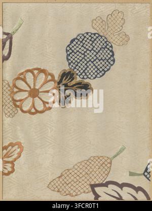 Textile fragment, fragment, textile materials, embroidery and print of chrysanthemums and leaves on beige damask background., Japan, 1751 - 1764, School, Style, Asian art school, Hōreki, silk, height 28.4 cm x width 21.5 cm., A section of patterned fabric with a light beige background showing woven texture and subtle wave-like motifs, decorated with embroidered floral and leaf shapes in muted tones; a round flower with petals outlined in warm brown thread and a stitched center sits near the upper left, adjacent to a dark leaf shape with gold edging and vein details, and a circular motif of Stock Photo