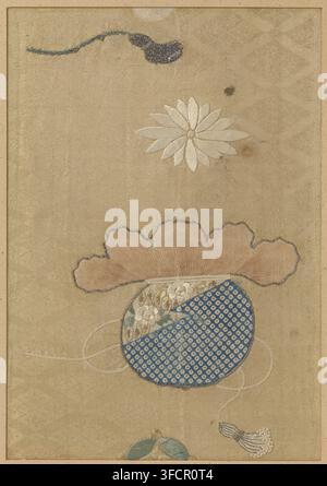 Textile fragment, fragment, textile materials, embroidery and print of a brocade pouch and flower on beige damask background., Japan, 1830 - 1844, School, Style, Asian art school, Tenpō, silk, height 29.3 cm x width 20.4 cm., A vertical textile panel with a pale gold patterned background showing embroidered decorative elements including a white radiating flower near the top, a small dark circular mark nearby, a curved blue stitched cord with a dark blue tassel at the upper edge, a scalloped pale pink cloud-like shape outlined in dark thread toward the upper middle, a round pouch-like motif Stock Photo