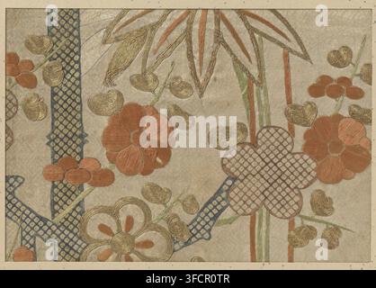 Textile fragment, fragment, textile materials, embroidery and print of flowers and plants on a beige background., Japan, 1741 - 1744, School, Style, Asian art school, Kanpō, silk, height 19.9 cm x width 28.8 cm., A close-up of embroidered fabric showing stylized flowers and foliage stitched in muted orange, gold, and pale green threads on a beige background, with a large flower formed from rounded petals, smaller clustered blossoms, looping gold thread accents, elongated leaves outlined in gold, vertical stems in pale green and orange, and a patterned lattice shape filled with darker diamond Stock Photo