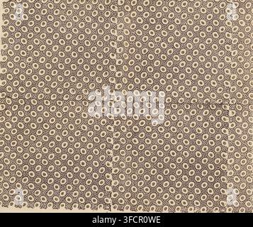 Leaf with a scattered pattern of dots on a dotted background, tissue paper, Leaf with a scattered pattern of larger dots on a background of small cut-out dots., publisher: anonymous, 1750 - 1900, paint (coating), paper, starch paint, gilt paint, block printing (relief printing process), positive and negative block printing in gold and brown, subsequently varnished, height 380 mm x width 440 mm, fantasy ornament., A repeating patterned surface fills the image with small circular floral motifs made of dark dot outlines surrounding lighter centers accented with a metallic-looking gold oval; the m Stock Photo