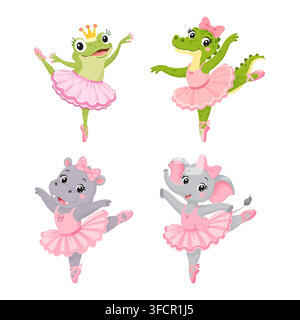 A cute vector set of ballerina animals a little frog, a crocodile, a hippo, and a baby elephant dancing in pink tutus. Stock Vector