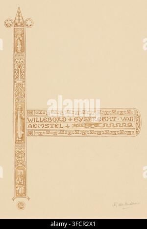 Willebord, Gysbreght van Aemstel (original title on object), print, book illustration, A horizontal, decorative title band announcing Prior Willebrord and Gijsbrecht van Aemstel. To the left of the title band is a vertical ornamental border containing the likenesses of Saint Bruno with folded hands and Willebrord with a staff., printmaker: Antoon Derkinderen (signed by artist), printer (person): Tresling & Comp., publisher: heirs of F. Bohn, 1894 - 1901, printer (person), paper, color lithography, proof, height 414 mm x width 295 mm, monk(s), friar(s), saints., A vertical ornamental column and Stock Photo