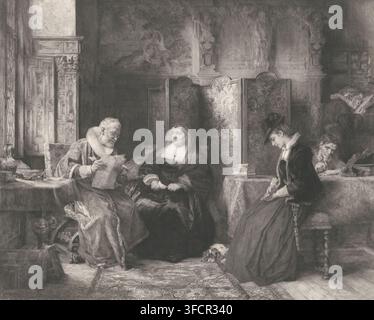 Beim Rechtsanwalt, Young woman with a lawyer, print, printmaker: Carl Ernst Forberg, after painting by Wilhelm Sohn, printer (person): C. Schulgen-Bettendorff, Düsseldorf, 1854 - 1915, printer (person), North Rhine-Westphalia, paper, etching, height 500 mm x width 590 mm, adolescent, young woman, maiden, lawyer, attorney at law., A dim interior room with ornate wood paneling and a tall decorative screen in the center, showing intricate floral patterns; an older man with a ruffled collar sits on the left holding a folded document and wearing a heavy robe, while a seated older woman in dark clot Stock Photo