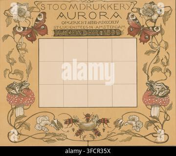 Calendar of the year 1899, with flowers, insects and frogs, calendar, print, printmaker: Theo van Hoytema, 1898, paper, color lithography, proof print, height 555 mm x width 645 mm, flowers, insects, tailless amphibians: frog, almanac., A rectangular poster with a pale tan background framed by a decorative border, featuring a large central pale grid area outlined in a thin dark line, flanked on both sides by vertical vine-like plants with curling stems and leaves that extend from the top toward the bottom; near the top on each side a large butterfly with reddish-brown wings rests among flowers Stock Photo
