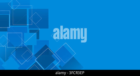 Futuristic tech inspired wide scale vector illustration featuring overlapping translucent squares texture in various shades of blue. With large copysp Stock Vector