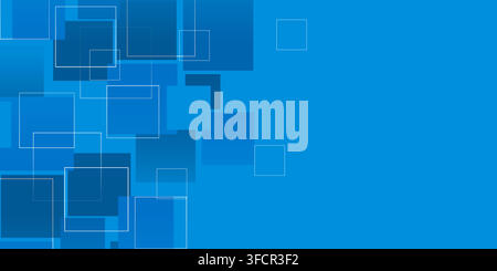 Futuristic tech inspired wide scale vector illustration featuring overlapping translucent squares texture in various shades of blue. With large copysp Stock Vector