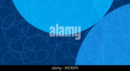 Minimalist abstract geometric gradient design with large blue circle shapes, filled with a pattern of small overlaid round outlines on dark blue backg Stock Vector